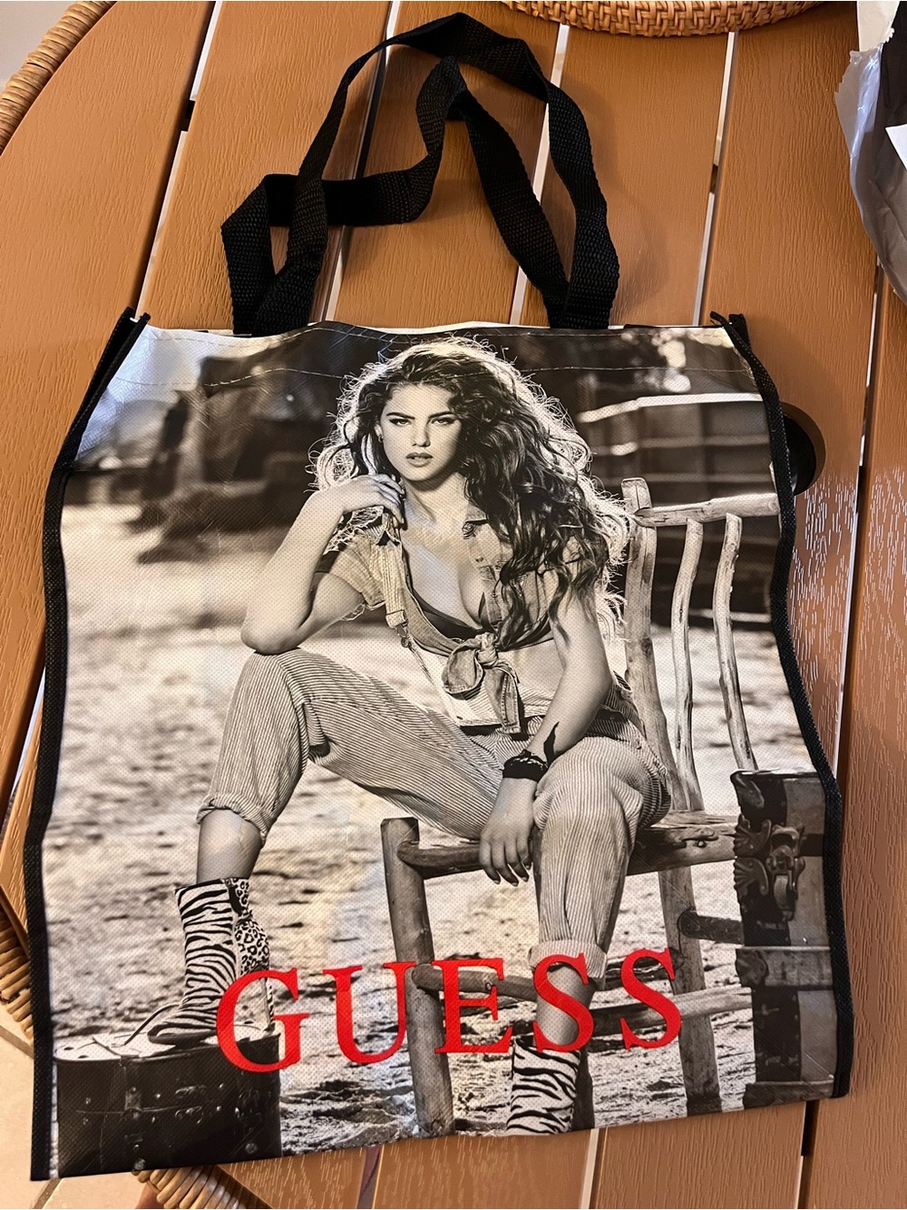 GUESS Black & White Printed Tote with Red Logo